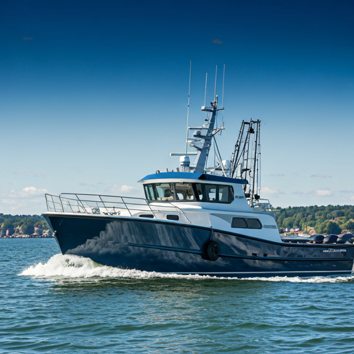 Professional deep sea fishing boat with multiple rods deployed against a sunset ocean backdrop