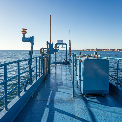 Technical close-up of marine navigation hardware and electronic deck gear on a modern boat, moody lighting