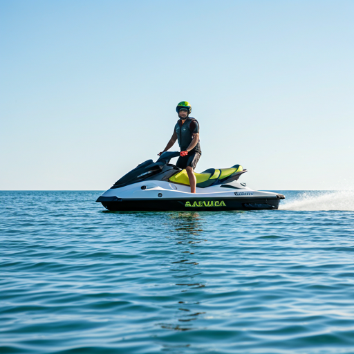 Close-up action shot of a high-speed jet ski kicking up water spray in turquoise tropical ocean