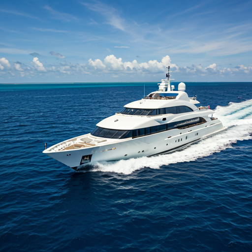 Premium white motor yacht slicing through deep blue Indian Ocean waters under bright daylight, aerial perspective