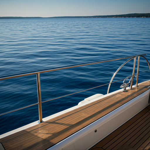 Assorted high-end marine safety gear and life vests neatly arranged on a teak wood boat deck