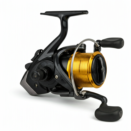 Studio photograph of a high-end titanium salt-water fishing reel with intricate mechanical details