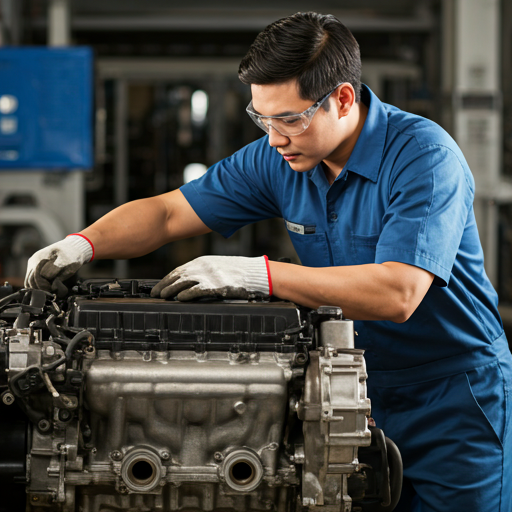 Marine technician in blue overalls inspecting a large marine diesel engine in a clean professional workshop